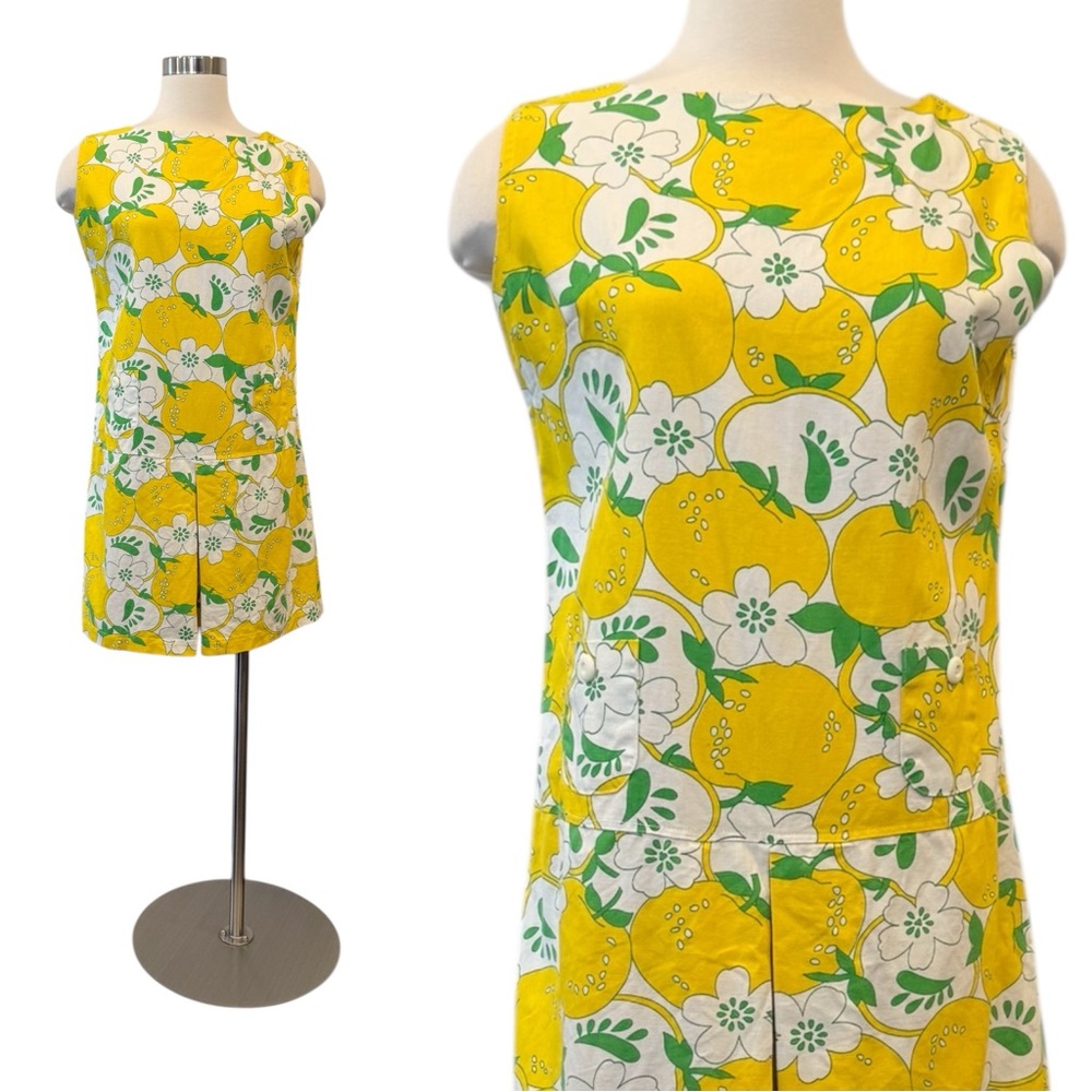 Vintage Playsuit Cotton Yellow Apple Fruit Print MCM 60s Mini Dress Romper L - Picture 1 of 9